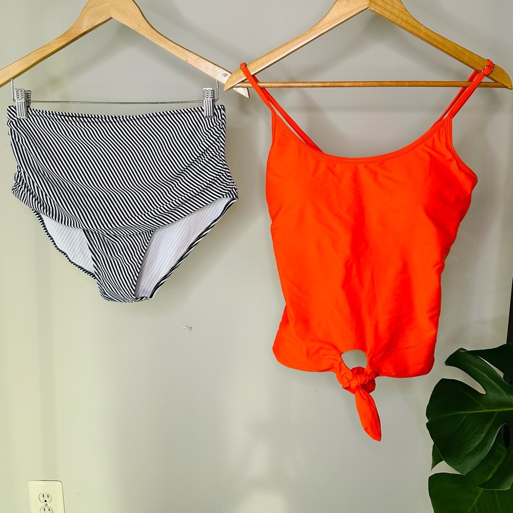 NWT Tempt Me Striped High-Waist Bikini & Bright Orange Tie-Front Swimsuit Top